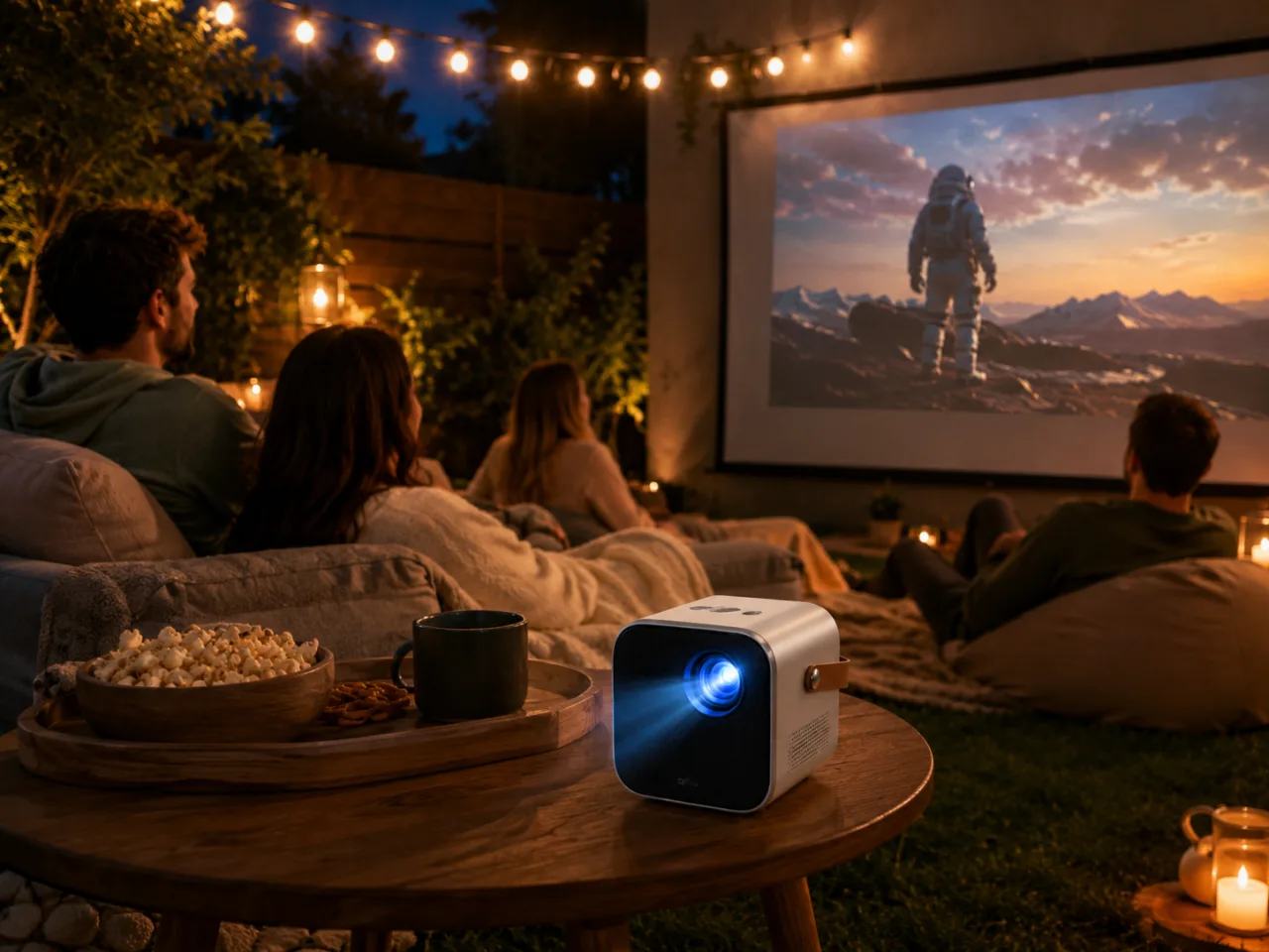 Seară de film în aer liber: un grup de prieteni pe canapele, string lights deasupra și un film proiectat pe un ecran mare, cu Qinux VidiMini pe măsuță.